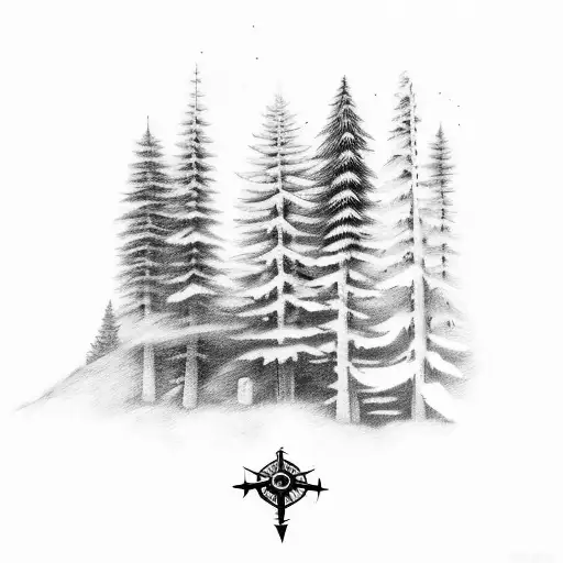 pine trees, road, compass, scale, dove, anchor, sleeve tattoo design idea