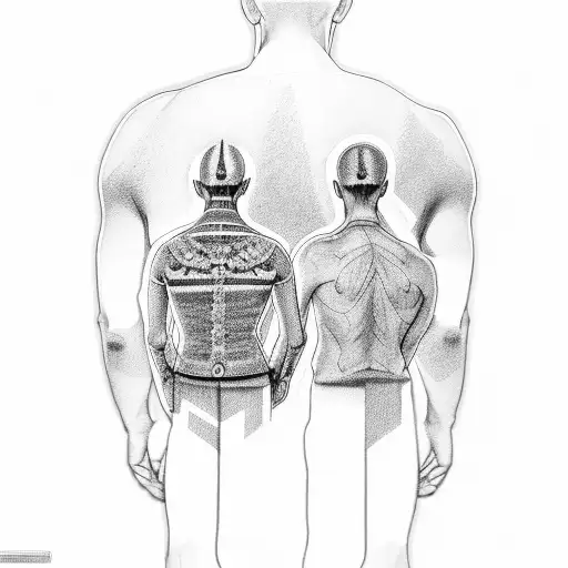 line drawing man standing with his father, back view tattoo design idea