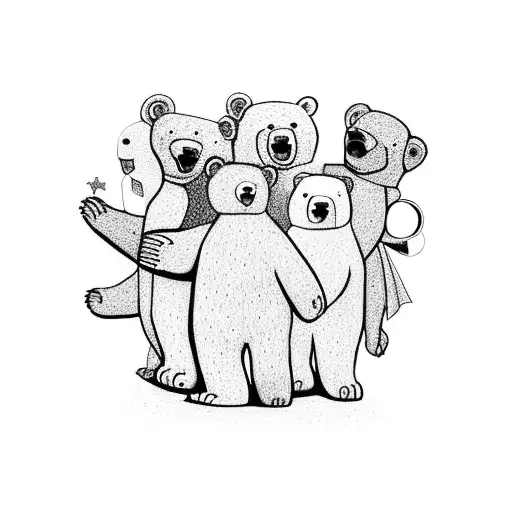 A group of diverse individuals holding hands in unity, with a large bear leading the way. tattoo design idea