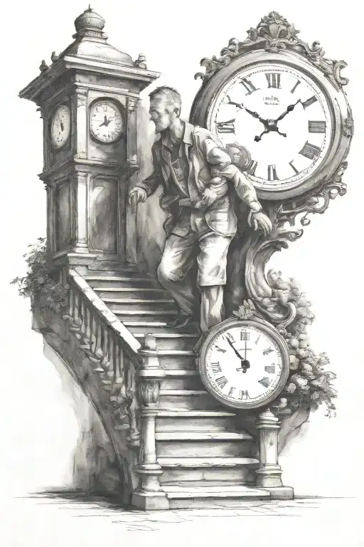 man holding a baby girl walking up on stairs towards a clock tattoo design idea