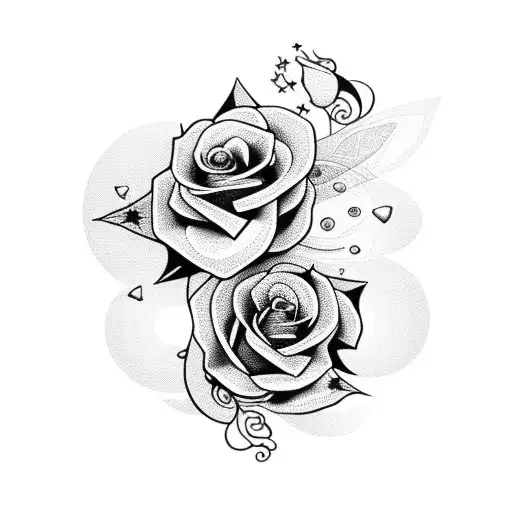 2 Roses with stars and butterflies around tattoo design idea