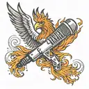 A microphone engulfed in flames, with a phoenix perched on top singing into it tattoo design idea