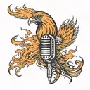 A microphone engulfed in flames, with a phoenix perched on top singing into it tattoo design idea