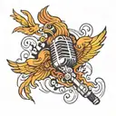A microphone engulfed in flames, with a phoenix perched on top singing into it tattoo design idea