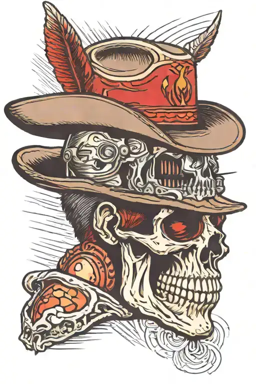 Man with cowboy hat looking at hisself in the mirror and the back of his head is a skull with red eyes biting a bullet  tattoo design idea
