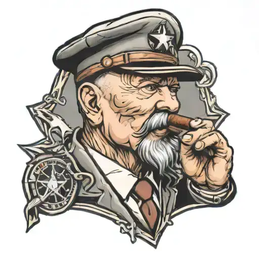 A neotraditional tattoo of a veteran saluting with a cigar in hand, surrounded by gaming symbols tattoo design idea