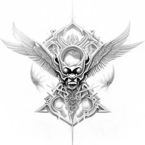 An intricate design of angelic and demonic figures engaged in weightlifting tattoo design idea