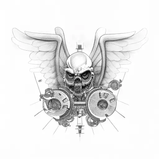 Industrial machinery forming a family tree with angel and demon accents tattoo design idea