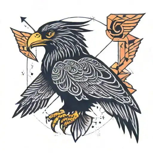 A black eagle with wings spread wide, surrounded by geometric fitness symbols tattoo design idea