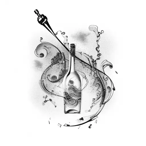 A wine bottle and glass surrounded by swirling musical notes tattoo design idea