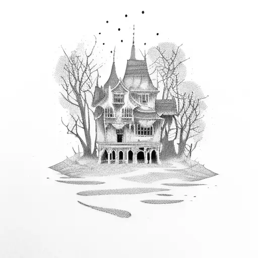 a haunted house with a picket fence, ghost, long vertical tattoo design idea