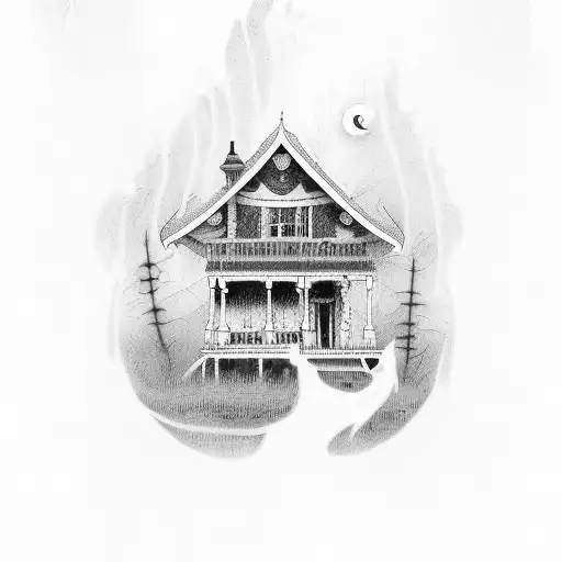 a haunted house with a picket fence, ghost, long vertical tattoo design idea