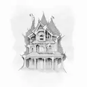 a haunted house with a picket fence, ghost, long vertical tattoo design idea