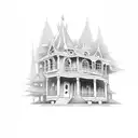 a haunted house with a picket fence, ghost, long vertical tattoo design idea