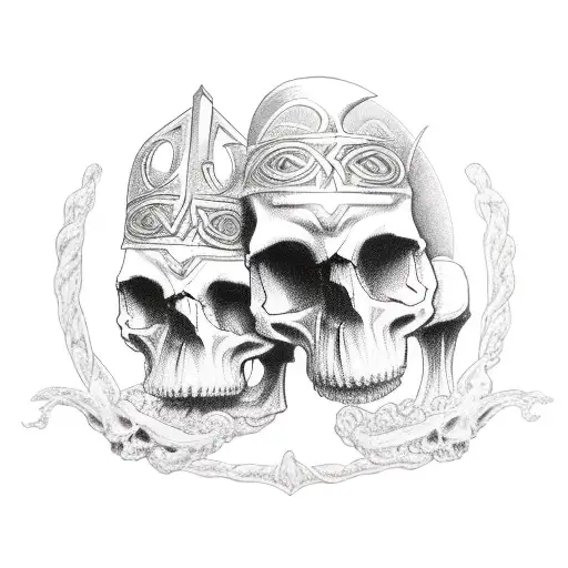skull man holding a celtic pistol, in knights armor tattoo design idea