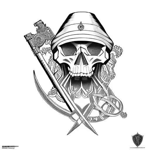 skull man holding a celtic pistol tattoo design idea