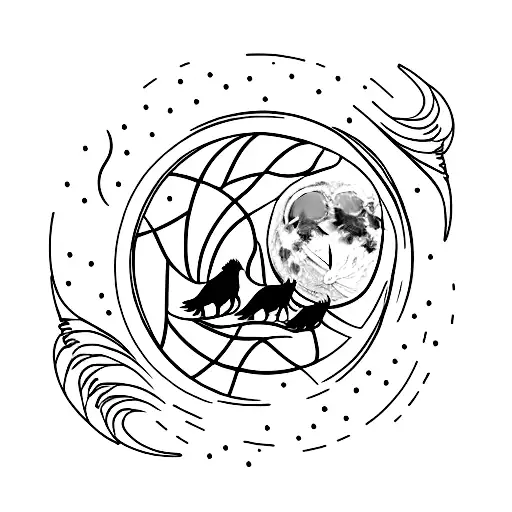 A minimalist tattoo design of a silhouette of a wolf howling at the moon, surrounded by various birds in flight, representing the client's admiration for apex predators and birds tattoo design idea