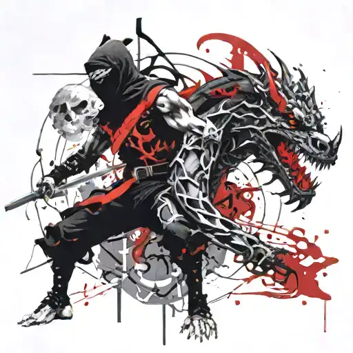 A black ninja and a black dragon next to him and a skull next to him tattoo design idea