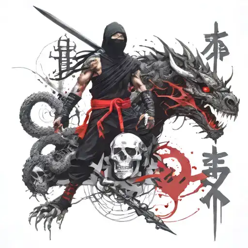 A black ninja and a black dragon next to him and a skull next to him tattoo design idea