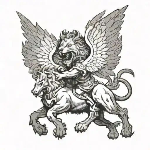 A winged lion fighting a musketeer wolf tattoo design idea