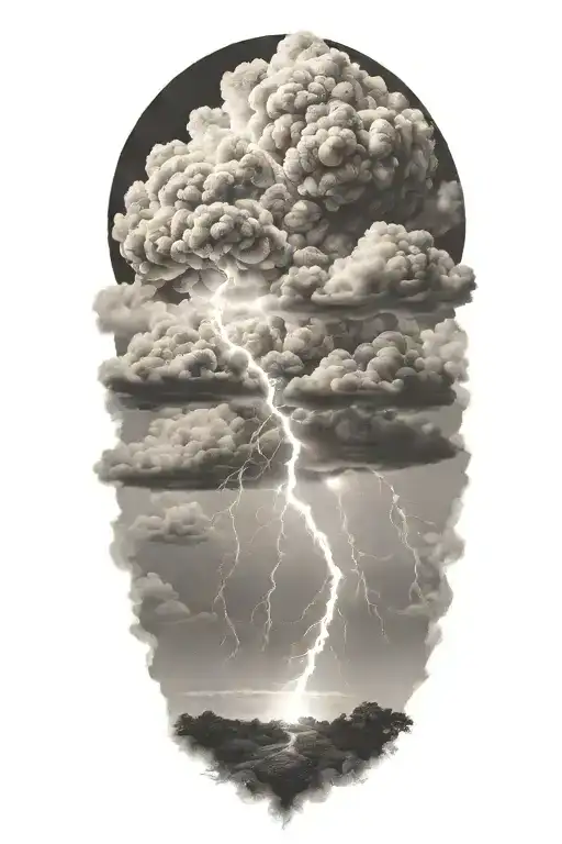 realistic lightning storm clouds black and white tattoo design idea
