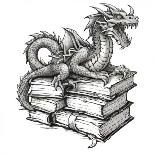 dragon sitting on a hoard of books tattoo design idea