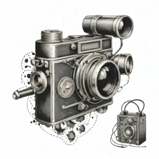 A tattoo of a vintage film camera surrounded by musical instruments tattoo design idea