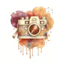 A tattoo of a vintage film camera surrounded by musical instruments tattoo design idea