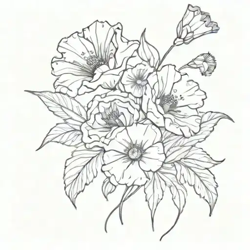Fine lined violet, carnation, morning glory, and poppy tattoo design idea