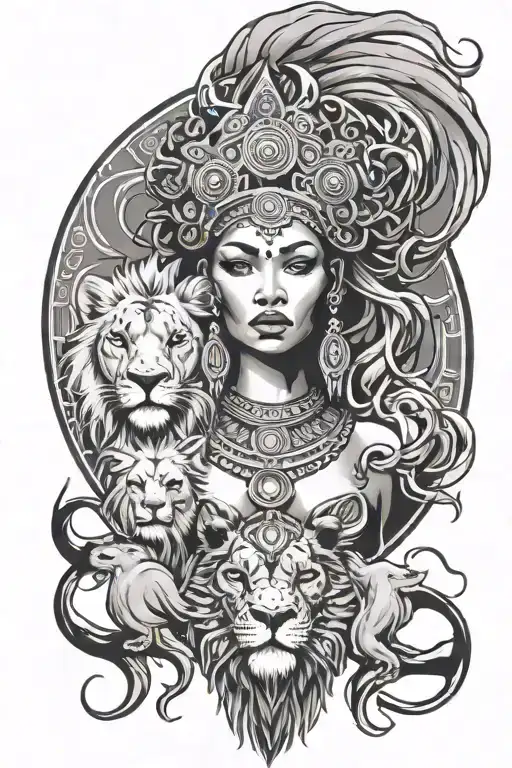 African goddess surrounded lion head tattoo design idea