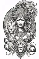 African goddess surrounded lion head tattoo design idea