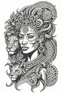 African goddess surrounded lion head tattoo design idea