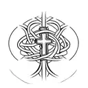 a simple cross with the words my the lamb that was slain receive the reward of his suffering intertwined tattoo design idea