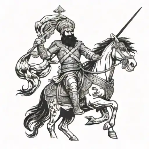 A Sikh warrior riding a horse into battle, wielding a sword in one hand and a police badge in the other tattoo design idea