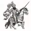 A Sikh warrior riding a horse into battle, wielding a sword in one hand and a police badge in the other tattoo design idea