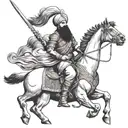 A Sikh warrior riding a horse into battle, wielding a sword in one hand and a police badge in the other tattoo design idea