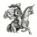 A Sikh warrior riding a horse into battle, wielding a sword in one hand and a police badge in the other tattoo design idea