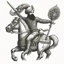 A Sikh warrior riding a horse into battle, wielding a sword in one hand and a police badge in the other tattoo design idea