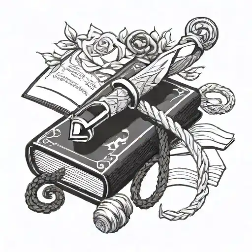 A tattoo design featuring a crochet hook intertwined with a book, symbolizing the client's love for both crochet and reading tattoo design idea