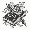 A tattoo design featuring a crochet hook intertwined with a book, symbolizing the client's love for both crochet and reading tattoo design idea