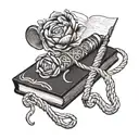 A tattoo design featuring a crochet hook intertwined with a book, symbolizing the client's love for both crochet and reading tattoo design idea