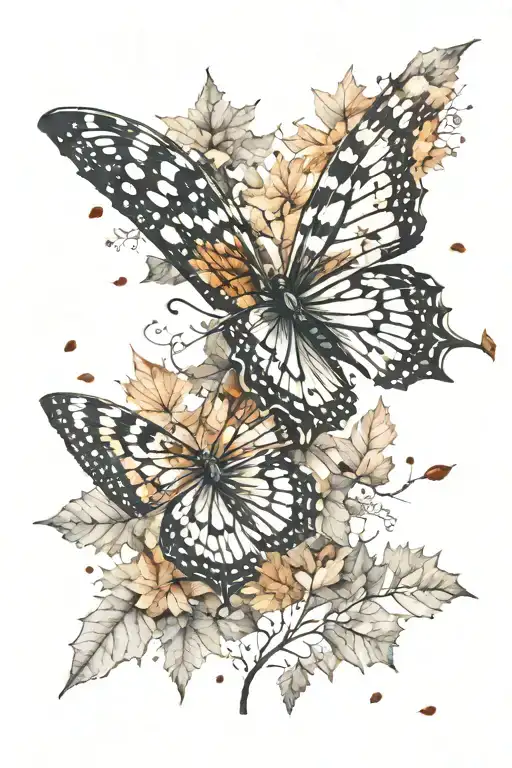 big butterfly wings spread with autumn leaves on the top right, winter snow flakes on the bottom right, spring beautiful tattoo design idea