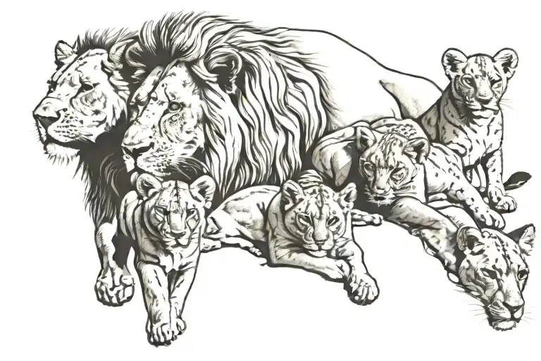 lion, lioness and 3 cubs tattoo design idea