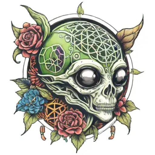 realistic alien with 7 chakras and flower of life tattoo design idea
