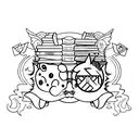 short stack of open books with harry potter, hunger games, lilo and stitch, and hello kitty symbols floating above tattoo design idea
