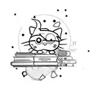 short stack of open books with harry potter, hunger games, lilo and stitch, and hello kitty symbols floating above tattoo design idea