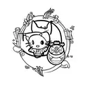 short stack of open books with harry potter, hunger games, lilo and stitch, and hello kitty symbols floating above tattoo design idea
