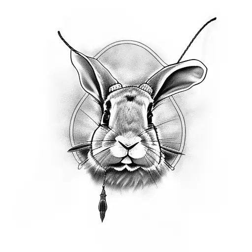A black-grey tattoo depicting a rabbit's head fused with goat horns, intricately bound by BDSM ropes tattoo design idea