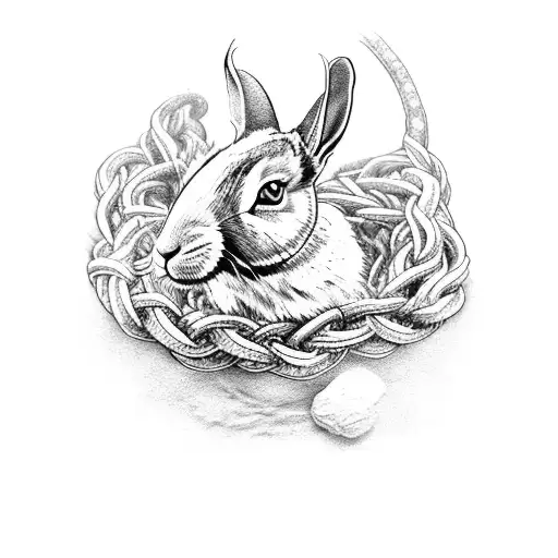 A detailed dotwork tattoo of a rabbit-goat hybrid entwined in BDSM ropes, emphasizing the contrast between the two animals tattoo design idea