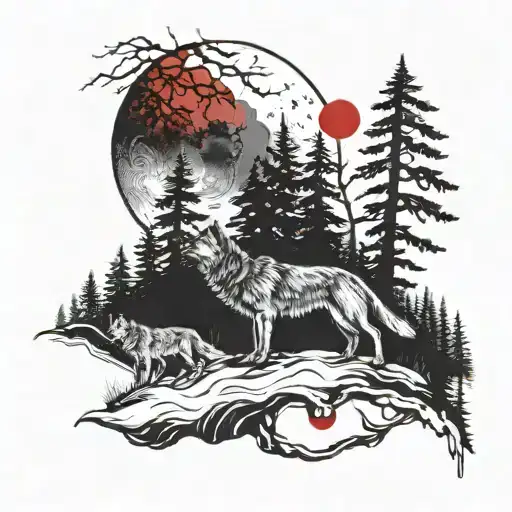 A mystical red moon rising over a dark forest with a pack of wolves howling in the distance tattoo design idea